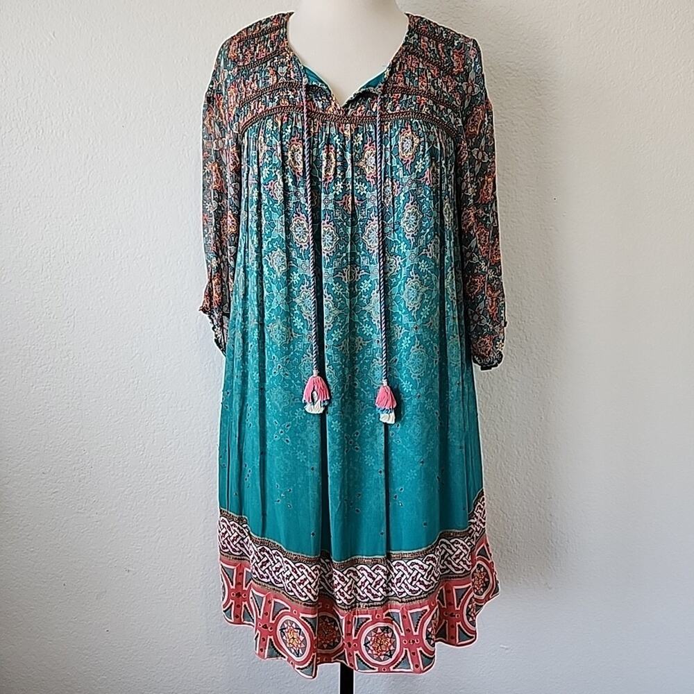 Anthropologie‎ XS Tanvi Kedia Tunic Mini Swing Dress Boho Flowy Festival Teal